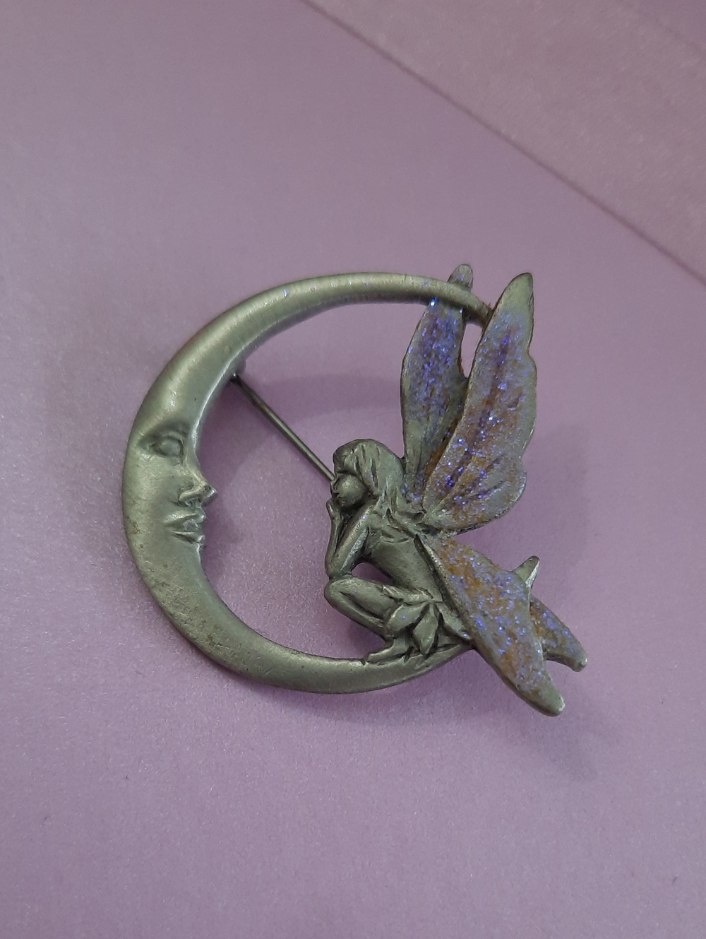 Silver-tone Moon and Fairy Brooch